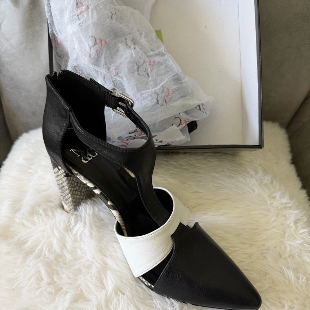 New York & Company Black and White Pointed Toe Ankle Strap Heel